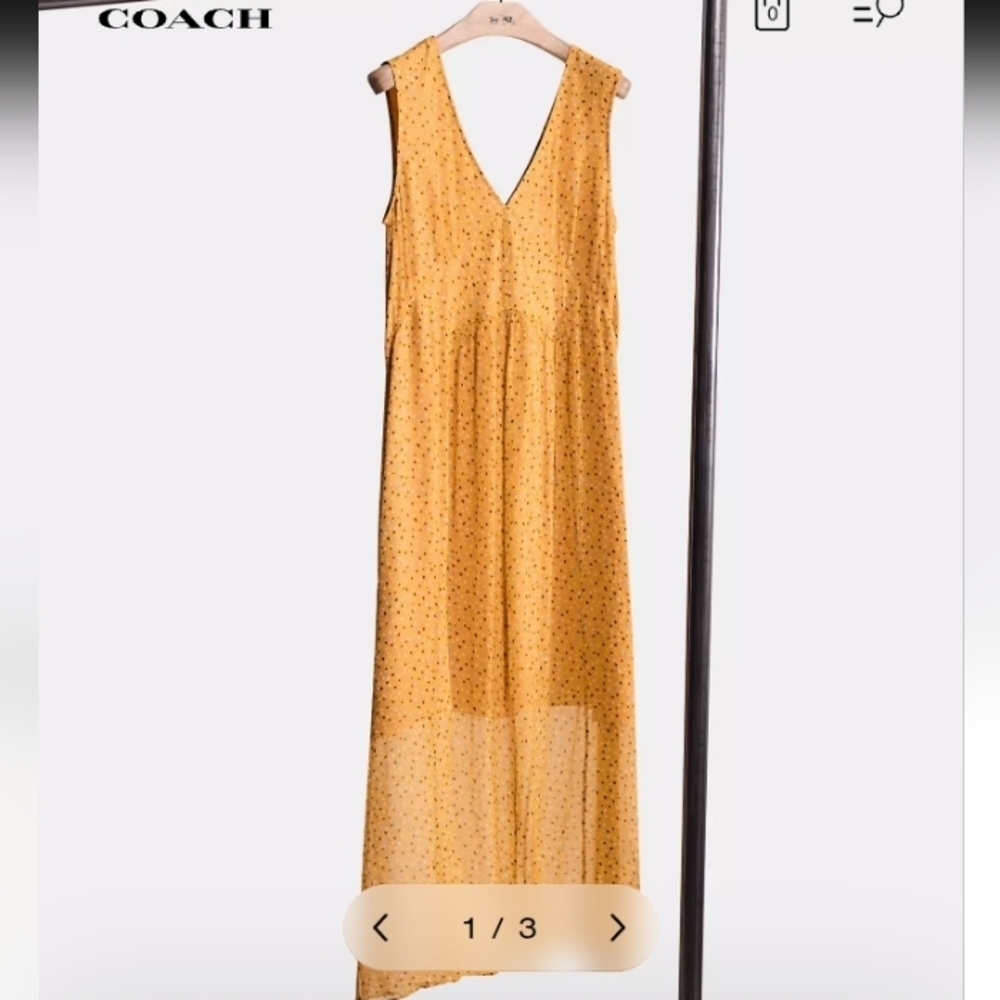 Coach Collection Print Golden Midi Silk Dress Sheer Overlay Size 4